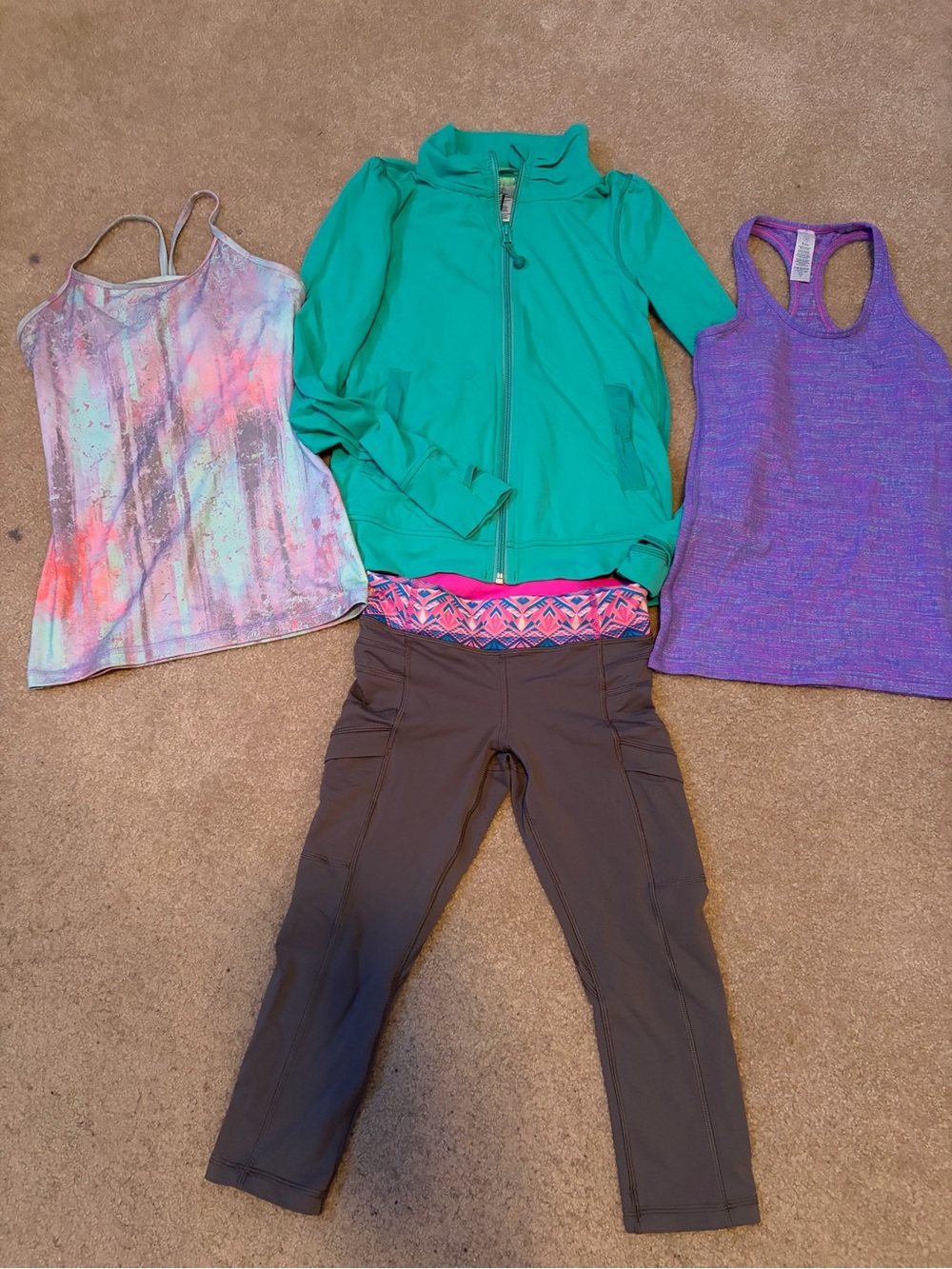 Kids Ivivva Outfit Set - Green Jacket, Purple and Multicolor Tanks & Grey Capris
